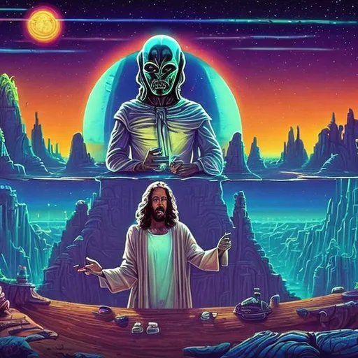 Prompt: widescreen, photo, painting, longshot, wide view, infinity vanishing point, overhead lighting, jesus and an alien jesus smoking a crystal bong at the bar, in an exotic space cantina, vibrant galaxy landscape background, surprise me