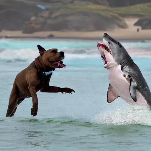 Prompt: Shark fighting a pitbull