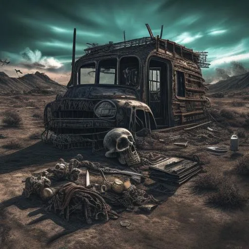 Prompt: hardcore punk album cover of wasteland ruined America, mutated human skeletons, details depressing, digital art, sketch, ambient