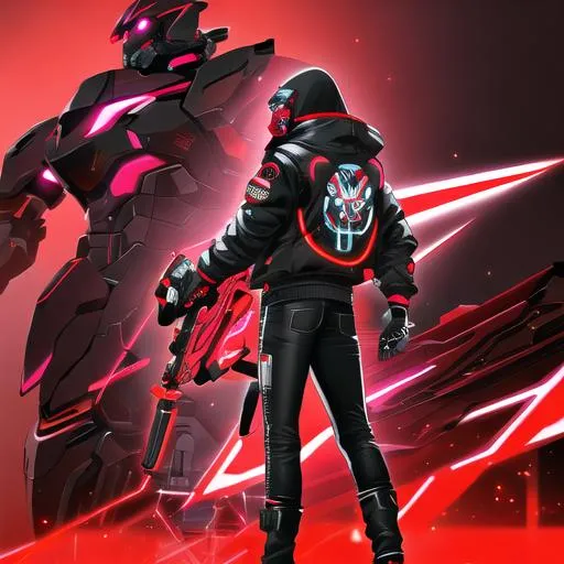 Prompt: Male character, black but red neon gas mask, cyber netrunner hood (black but neon red), neon red Sword In its Back, Red Mecha Cyber Jacket, black jeans, red shoes