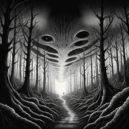 Prompt: Eerie black and white landscape illustration of alien forest, Junji Ito style, nightmare, eerie atmosphere, detailed nature, dark and haunting, highres, detailed, eerie, Junji Ito style, alien landscape, black and white, nightmare, eerie, forest, nature, atmospheric lighting