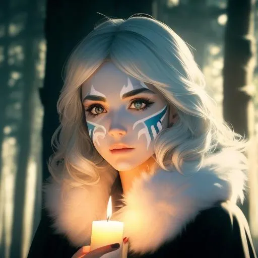 Prompt: ((Masterpiece, best quality))
{Alex Chow | Greg Rutkowski | ArtStation}.
Face painting of a beautiful white woman in her 20s with half her face paint. (fluffy hair). (Soul: 1.6) (Characteristics: 1.6). (wood cabin background | candles)
Detailed face. Detailed eyes. Highly detailed. 
(UHD:1.2), HDR, 8K, Unreal Engine 5. Highly accurate lighting, and extraordinary reflection. 
