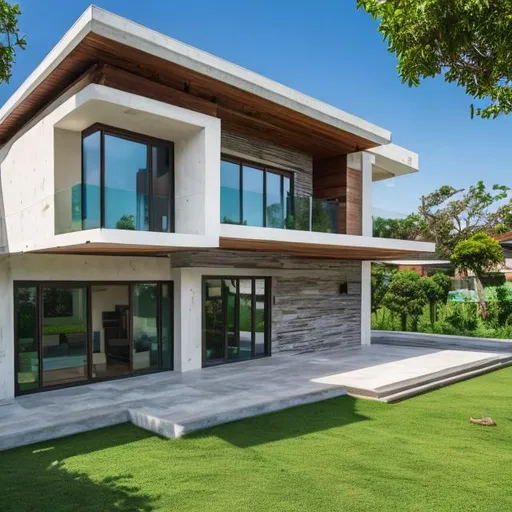 Prompt: Modern house and landscape albizia tree wood glass comcrete realistic style 4K 