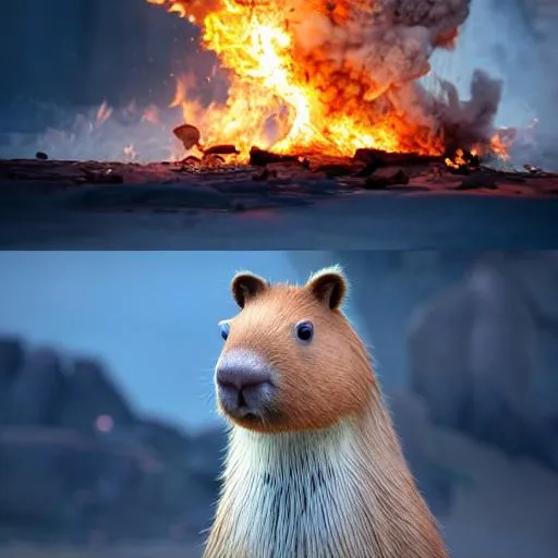 Cgi Capybara Art Style, Epic, Fire, 