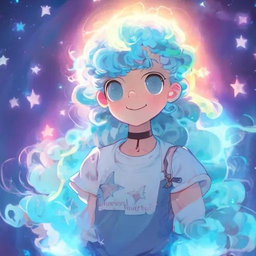 Prompt: A character with light blue hair, curly pigtails, and a star aura. 