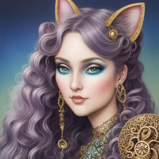 Prompt: A wicked cool cute catgirl, metallic colorful curly hair in pigtails, intricate details, beautiful eyes, intricate iridescent cloisonne details clothes, Acrylic art,  by Artgerm, Gediminas Pranckevicius, Jacek Yerka, Greg Rutkowski, Andrew atroshenko, Daniel Merriam, Lisa Buijteweg, trending on Artstation, intricate, highly detailed, crispy quality, dynamic lighting, hyperdetailed and realistic. 
highly detailed, sharp focus, extremely detailed, fantasy, intricate, high detail, dynamic lighting, award winning, fantastic view, high definition, crisp quality, colourful, hdr, acrylic art, quilling, focused