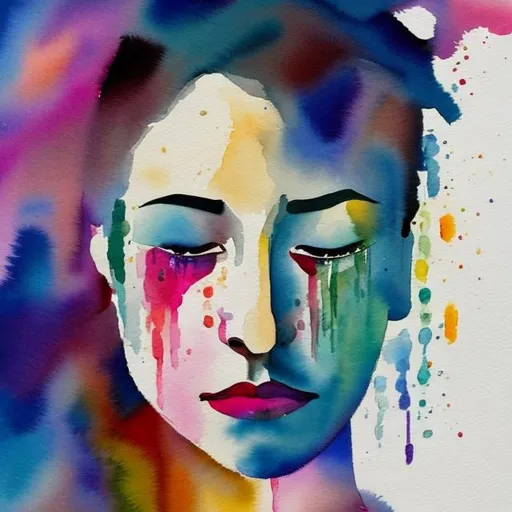 Prompt: A canvas showing a watercolor portrait of sad woman's face, dropping tears. Lightly dark colors, poorly saturated. Shadowy background. Kandinsky style.