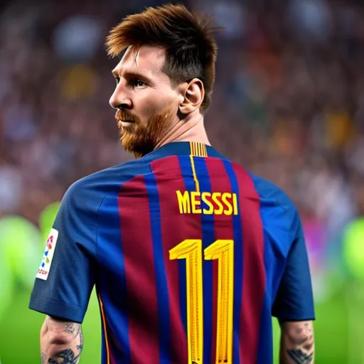 Prompt: Messi wearing a Barcelona shirt at the new Camp Nou stadium
