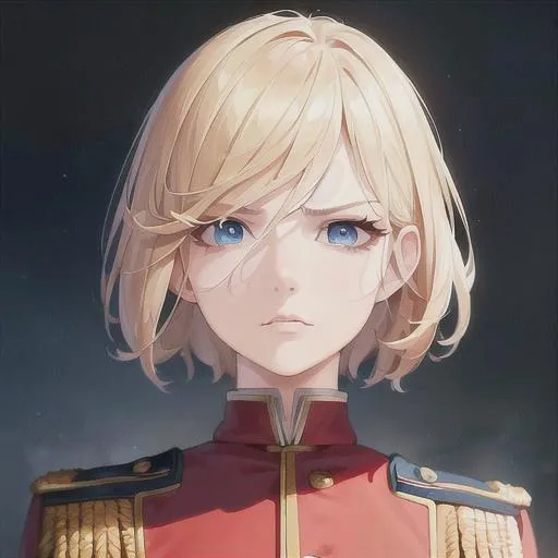 Prompt: (masterpiece, illustration, best quality:1.2), portrait, angry expression, mature look, eye bags under eyes, black eyelashes, pixie style haircut, blonde hair, blue eyes, all red German soldier uniform, best quality face, best quality, best quality skin, best quality eyes, best quality lips, ultra-detailed eyes, ultra-detailed hair, ultra-detailed, illustration, colorful, soft glow, 1 girl