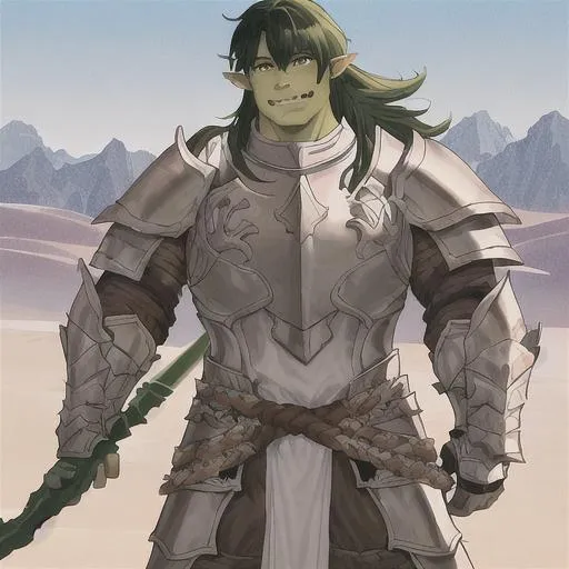 Prompt:   Subject is a pretty Male orc wearing a white shirt, full plate armor and  a breastplate that covers his torso. He has boar tusks  from his bottom jaw, green skin and is holding one staff.  His smile is cute.  He has Black hair and is wearing robes.  He stands in the desert landscape. Style of art is anime with a bright pallet.