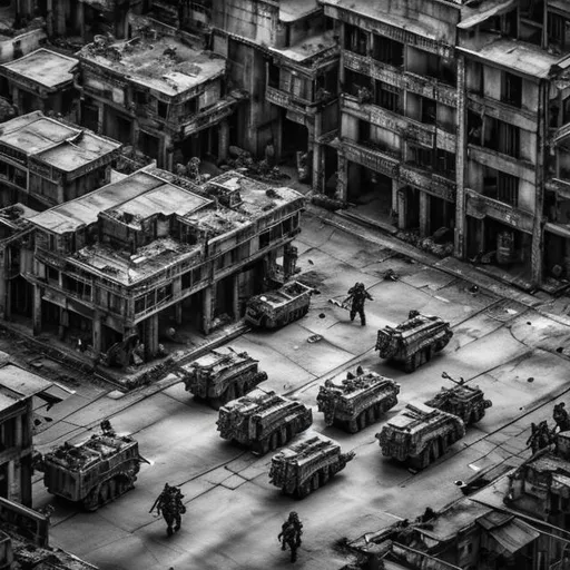 Prompt: monochrome, urban warfare, modern, kowloon walled city, battle, combat, military, soldier, scifi, convoy, streets