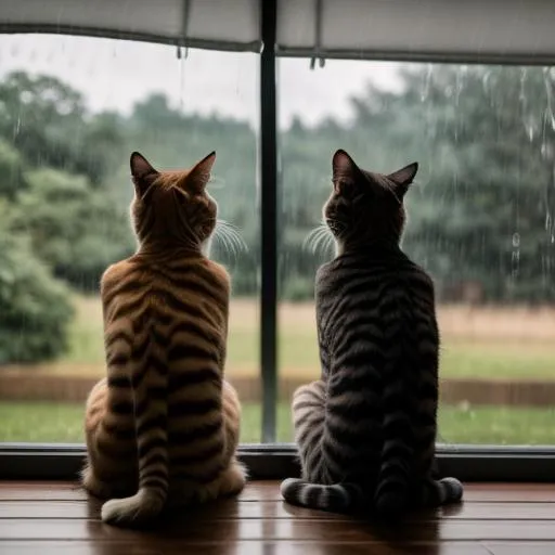 Prompt: striped Cats sitting watching rain

