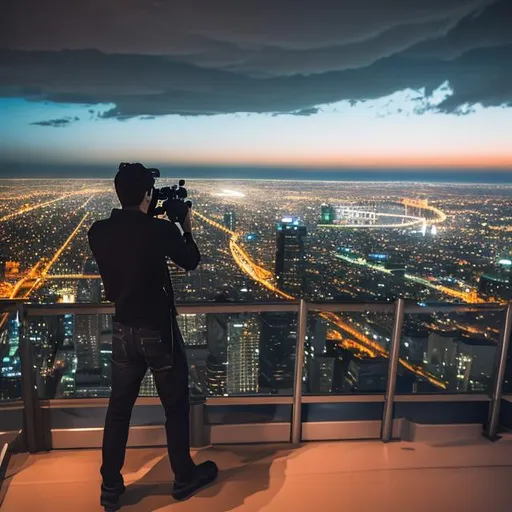 Prompt: photographer taking a perfect camera shot of a city from a top a building, beautiful rainy day, storytelling photography, vibe, perfect camera shot, ultra-detailed, night, night sky, stars, calm, alone, art, realistic, hyper-realistic, highly detailed, realism, 32k, photography, hdr, 1080p, cinematic, Hyperrealistic, fictional environment, mid shot, intricately detailed, colour depth, dramatic, side light, colourful background, beautifully shot, perfect composition, atmospheric, moody, happy, emotion, natural white spotlight shining on subject. Realistic shadows, 2/3 face angle