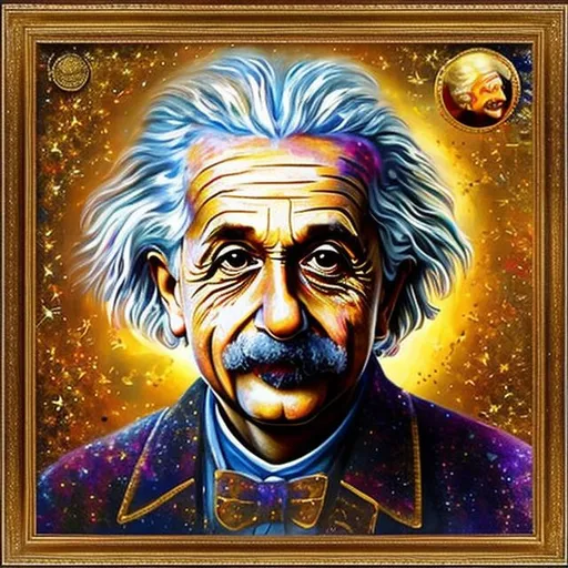 Prompt: a realistic painting of Albert Einstein inside a golden frame that has sapphires embedded in it. 