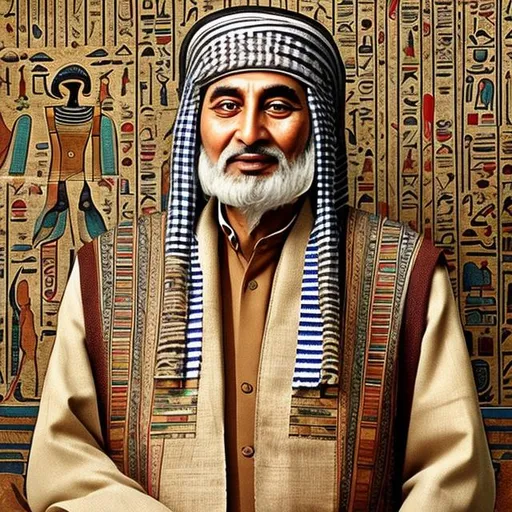 Prompt:  Ancient Old man with Egyptian clothing wear, a chemist jabir bin hayyan a Muslim chemist scientist portrait 