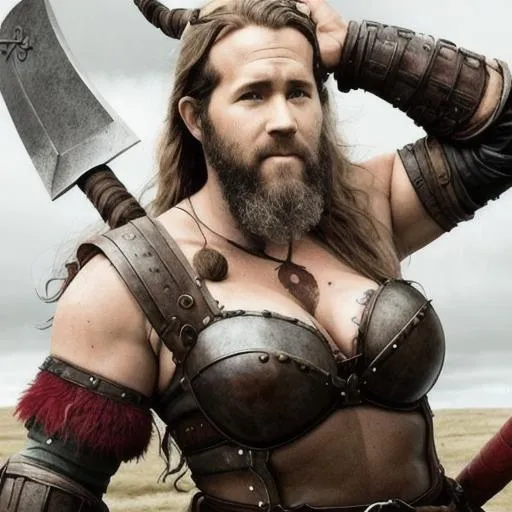 Prompt: ryan reynolds with long hair, as a viking warrior. no beard