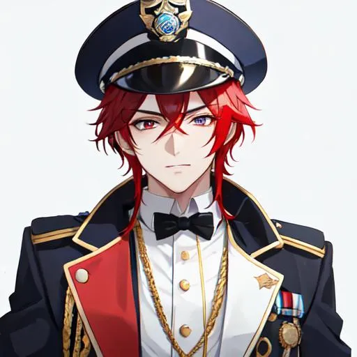 Prompt: Zerif 1male as a male police officer (Red side-swept hair covering his right eye)UHD, 8K, Highly detailed, insane detail, best quality, high quality, wearing a blue male police uniform, anime style, tilting his hat