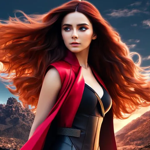 Prompt: 4k high resolution cgi anime modern style, full body display, wanda maximoff, eastern european face, auburn hair, no weapons, dark red trench coat