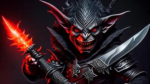Prompt: {{{Small Male Goblin with Red eyes and pointed teeth}}}, {{Holding a black dagger}}, High Quality, Hyper Detailed, Intricate Detail, Dark Colors
