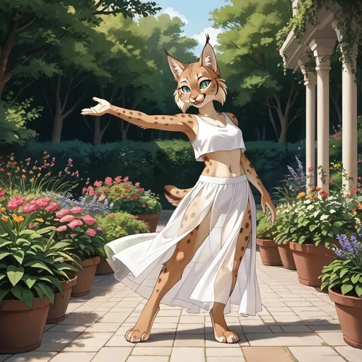 Prompt: ultra-detailed, best_quality, alluring lynx girl furry, dancing in her garden,  wearing crop top,  translucent long slit skirt