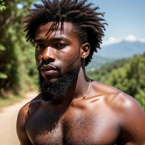 Prompt: close up photo of very handsome, 20 year old Congo  man looking at the camera, wavy hair cut medium length, with a trimmed beard, very hairy chest and armpits, mountain top vista, centered in frame, 85mm lens, f8, photography, intricate details, very detailed eyes, correct perspective, natural light