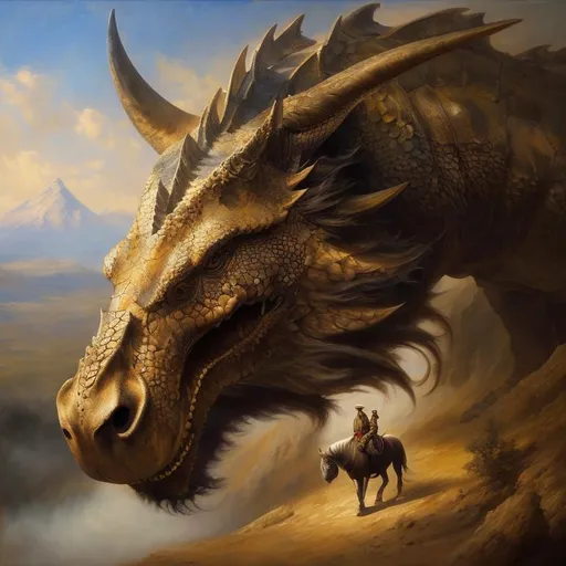Prompt: (masterpiece, professional oil painting, epic digital art, best quality), A dragon ((A Turtle's Shell, a Lion's Mane, the head of a horse, wingless, the Body of a snake, the Paws of a Bear, the head of a human, the teeth of a shark, the skin of an octopus, Rhino horns,)). Desert Background, Blue Skies,