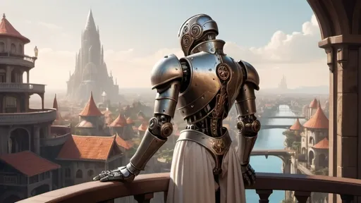 Prompt: a warforged automaton stands with back to camera on a large round balcony with a solid railing looking out over a fantasy city paradise during the age of arcanum 