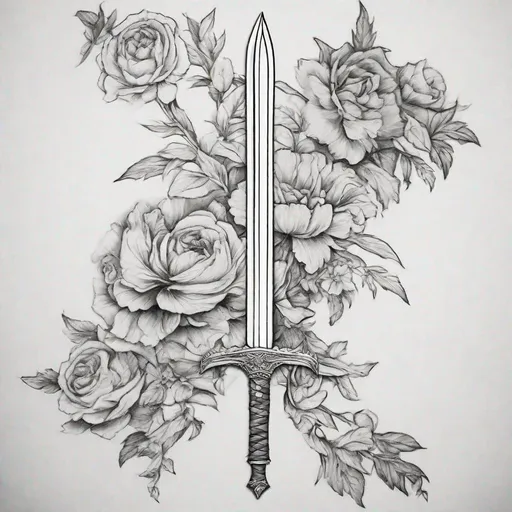 Prompt: Create me a simple straight short sword, the picture should be in black and white, pencil drawn, and a floral border