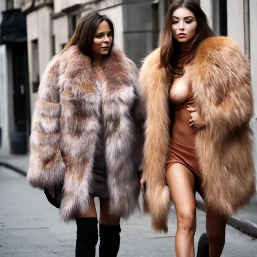 Prompt:  
 2 beautiful  undressed women wearing fur coats


