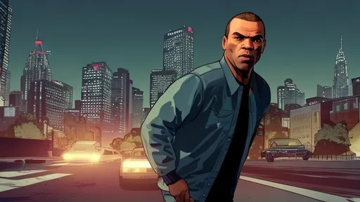 Prompt: Please create an image featuring Michael from GTA V with a city background. I want Michael to be the central focus of the image, portraying his mature and experienced character. The city background should convey a vibrant and dynamic urban atmosphere, with tall buildings, bustling streets, and city lights. The color palette can include a mix of cool blues and warm tones to create a visually appealing contrast. Please ensure that the image is high-resolution and suitable for use as a wallpaper. Thank you!