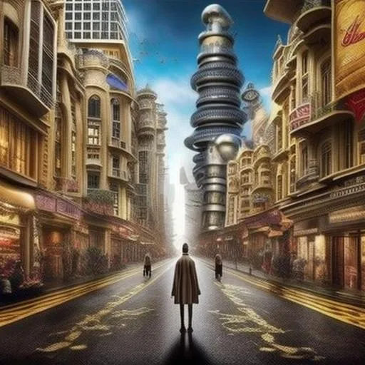 Prompt: It was large and plump standing in the city street, it would have been cute if it wasn’t so terrifying, detailed scene, digital painting, hyperrealistic, fantasy, Surrealist, by Ciro Marchetti and Stanley Artgrem Lau, artstation, highly detailed, sharp focus, wide angle shot, sci-fi, stunningly beautiful, dystopian, gold, black, cinematic lighting, dark