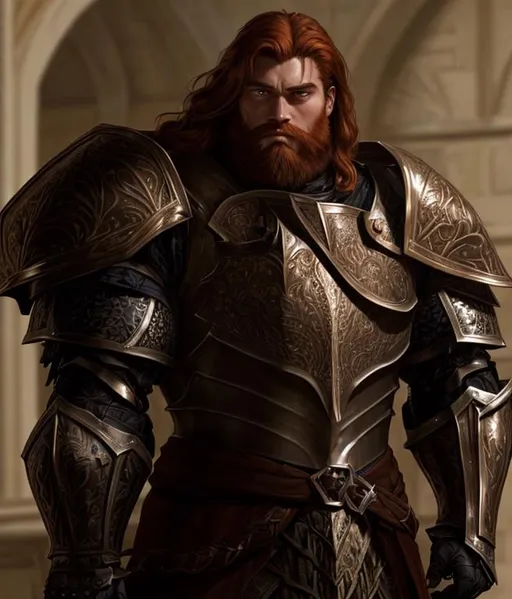 Prompt: A handsome bulky muscular European knight with medium length auburn hair, small scars, a well trimmed full beard and a grim determined look on his face, he is wearing a suit of bronze full plate armor with intricate engravings.