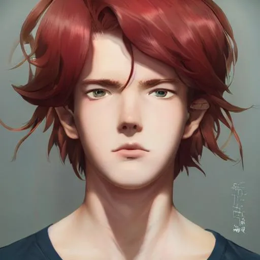 Prompt: Closeup face portrait of a 19 year old boy with red hair, smooth soft skin, big slightly narrow eyes and a wide smirk, beautiful intricate colored hair, symmetrical, anime wide eyes, soft lighting, detailed face, by makoto shinkai, stanley artgerm lau, wlop, rossdraws, concept art, digital painting, looking into camera
