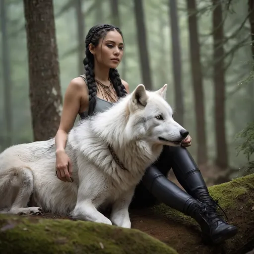 Prompt: The image features a beautiful dark haird with braids woman sitting on a white wolf in the forest. She appears to be enjoying her time on the fierce creature. The forest is in the background, creating a serene and picturesque scene. The woman's wolf is positioned horizontally, and she is sitting comfortably on it, taking in the view and the peaceful atmosphere.