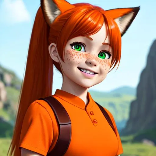 Prompt: 2 Ponytails, Orange dress, brown belt, Smiling, full body, child, beautiful, green eyes, child 5 years old, orange hair, fox ears, full lips, 1 fox tail, freckles, 4K, 16K, highly realistic, extremely detailed, photo realistic, photo quality, full boddy, nature in background