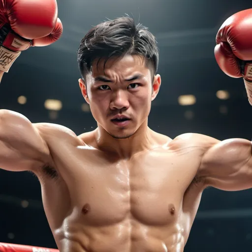 Prompt: high resolution, 4k, detailed, high quality, professional, wide view
Sweaty muscle boxing guy. Big red boxing gloves. Sweaty armpits. Asian young faces. Strong arms raised up to flex muscles.