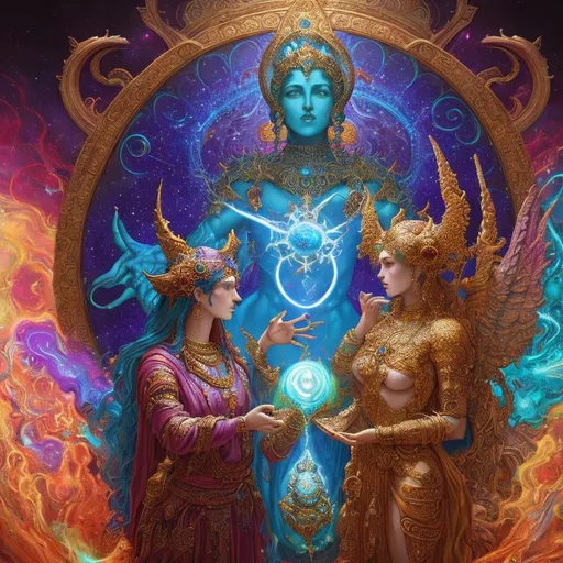 Prompt: Cosmic deity creating good and evil, 3 persons, vibrant colours, majestic, beautiful, Maximalist oil on canvas painting, in the style of Paul Gustave Dore, 3D trending on Artstation CryEngine,