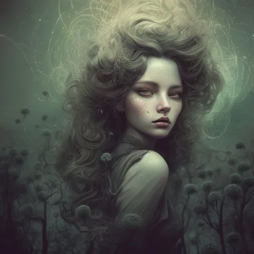 Prompt: Quantic entanglement, afterlife, physics, atoms, energy, heaven, auburn female, black, digital illustration, war setting, vintage, ethereal connection, surreal atmosphere, high quality, surrealism, vibrant, dreamy lighting, surreal, ethereal, detailed hair, auburn, vibrant digital art, dreamlike, vibrant connection, intense gaze, highres, surreal lighting