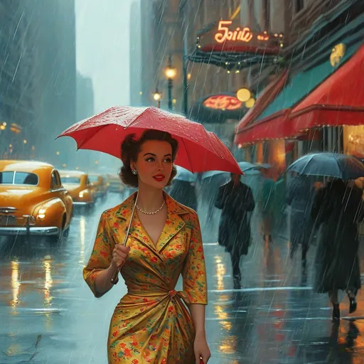 Prompt: an elegant woman of the 50's in a colorful dress is walking down the street in the rain on a rainy day in a city, Artgerm, kitsch movement, highly detailed digital painting, a photorealistic painting