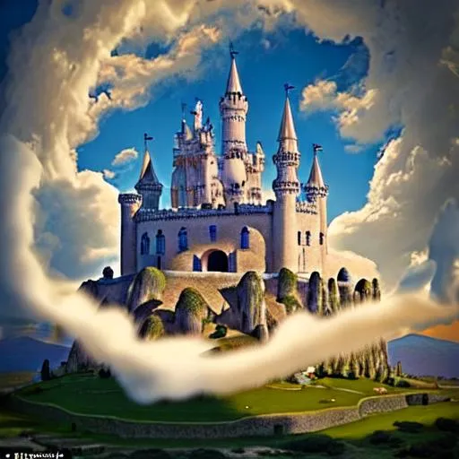 Prompt: Un reino con un castillo en el centro tocando la tierra, y 4 pueblos medievales en forma de anillos que flotan en el aire gracias a la magia uno sobre el otro y rodean al castillo. Vista aérea
