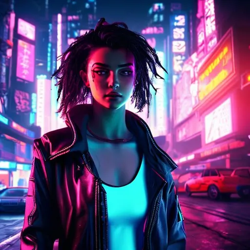 Prompt: Woman in a cyberpunk setting, with cars in the background, neon lights, 3D design