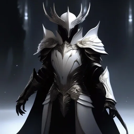 Prompt: Humanoid abyss humanoid creature, White shell over him, tall creature, smooth silhouette, wearing a monarch outfit with pure white armor over it, Skin of creature is dark, from hands coming out a Large blades, seems like kind of eldrich god of darkness, background is a dark pit with darkness but he is giving the light to the place,  full body beautiful ,Highly detailed face, close-up shot, full body shot, epic cinematic shot, professional digital art, high end digital art, singular, realistic, DeviantArt, artstation, Furaffinity, 8k HD render, epic lighting, depth