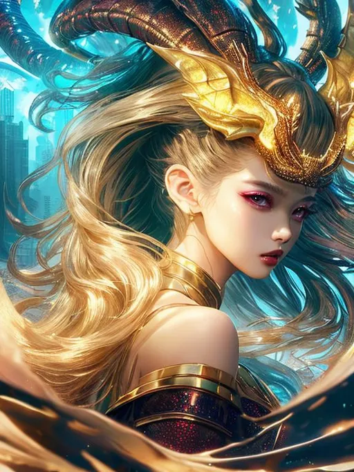 Prompt: matte portrait of a kpop princess with big doe glittery eyes, reddish lips, golden ratio face, balayage  wild hair, windy aura ,dragon themed ultra high detailed ,royalcore, cyberpunk , backlit, glamorous sky, soft lighting, splash art by greg rutkowski, ultra high HD, colorful ink illustration