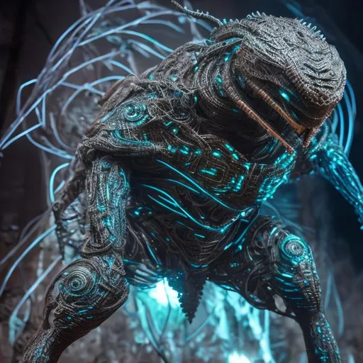 Prompt: Chemixus resembles a towering, metallic figure with intricate circuit patterns etched across its body. Its eyes glow with a cold, blue light, and its fingers end in sharp, precise claws.
