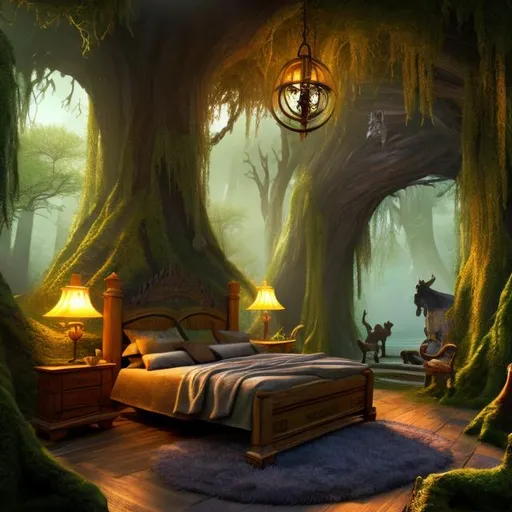 Prompt: fantasy, bedroom interior, UHD, HD, 8K, forest themed bedroom