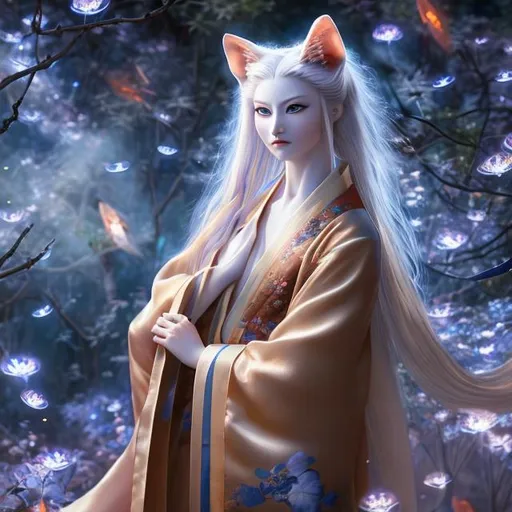 Prompt:  kitsune with vivid blue eyes, long flowing white hair, in decadent silk kimono in a field surrounded by fireflies Hyperrealistic uhd
