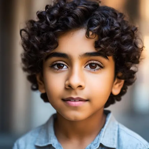 Prompt: Hyperrealistic brown hispanic boy, short curly hair, hyperrealistic, eleven years old, cute, adorable, neutral expression, cute, slightly nervous, young, hispanic, hyperrealistic, large eyes, curly hair, best quality, good lighting, cinematic, 8k, hyperrealistic, cute!!