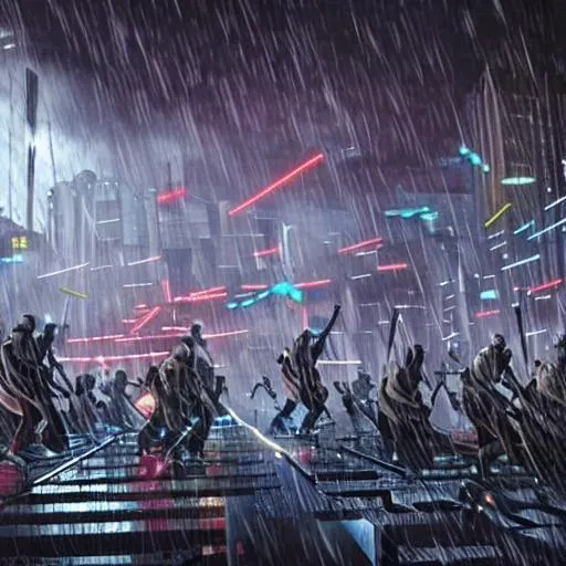 Prompt: photo of a clone wars battle where it is raining and on a bridge in a cyberpunk city where blaster bolts are flying everywhere