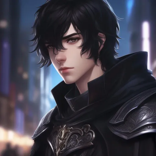 Prompt: Human Emo, Hot, Cute, Male, 18 years old, 8k, Dynamic Lights, Dark colors, City background, Hyper detailed, Detailed face, Detailed Gauntlet, Black Medieval Armor Somewhat Close-up Headshot, Wearing a Cape, Black hair, Mid-Length, Dark Eyes