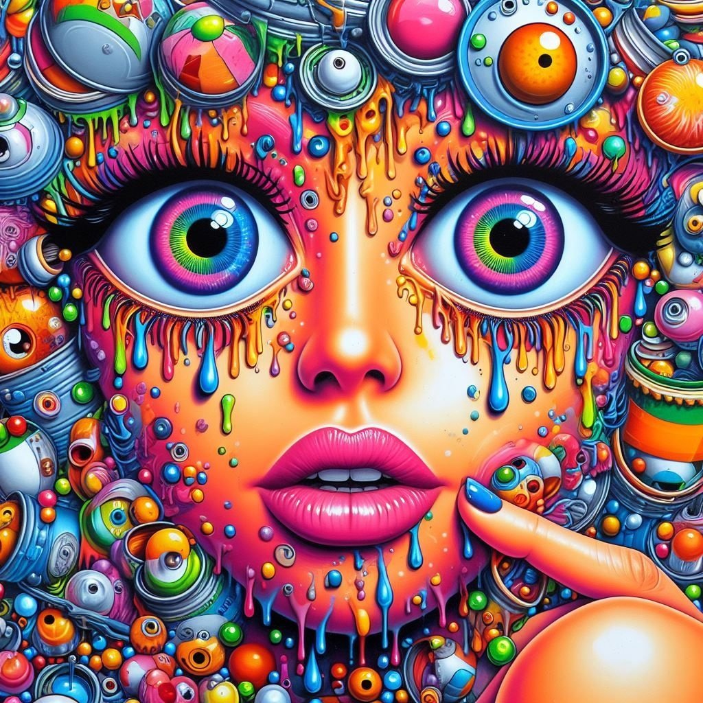 Prompt: a psychedelic art piece with bright colors and eyes, in the style of garbage pail kids, industrial paintings, detailed perfection, playful caricature, punctured canvases, neo-op